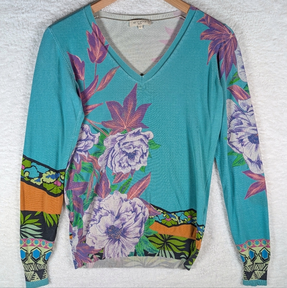 295-ETRO Floral V-Neck Sweater - Teal and Purple‎